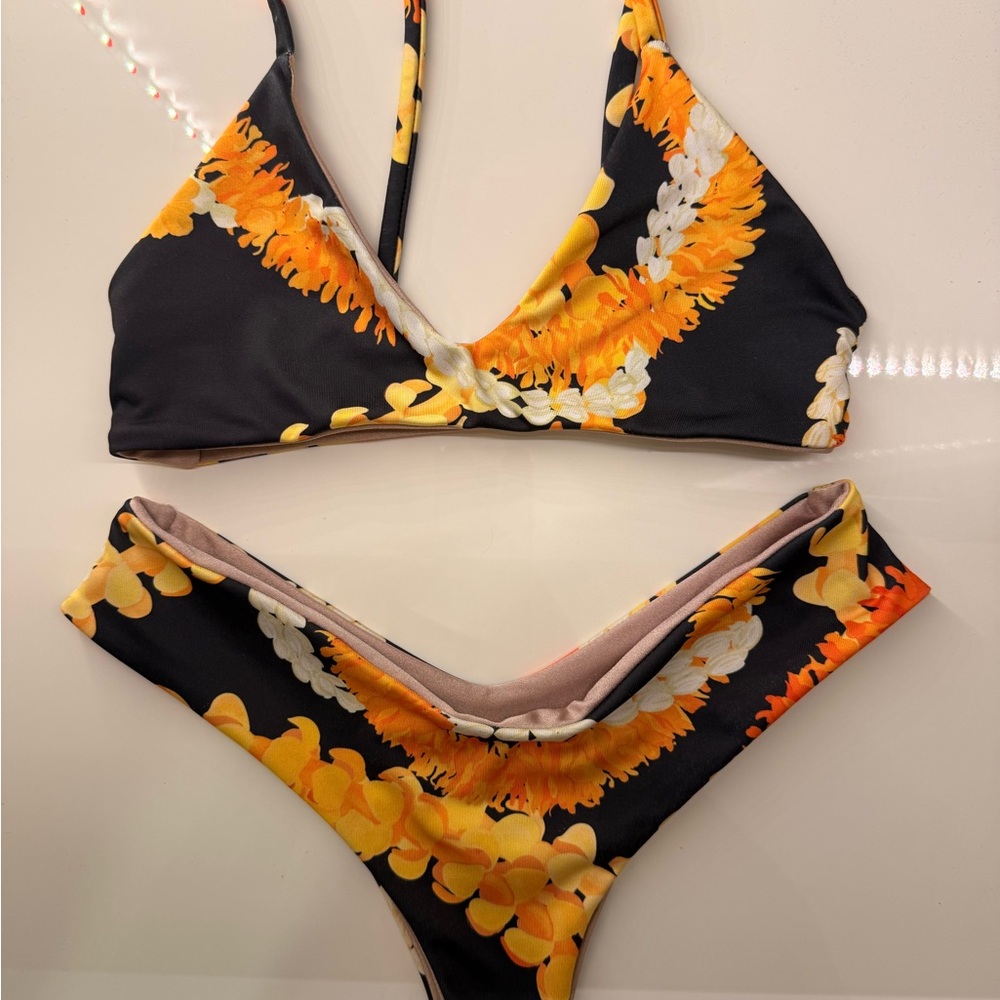 Loutus Swimwear Floral Bikini Set in Black and Orange